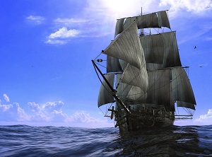 Ein Piratenboot segelt auf dem Meer.