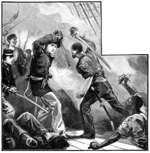 Eine schwarz-weiße Zeichnung von 1881. Darauf kämpfen Männer an Bord eines Schiffes mit Säbeln.