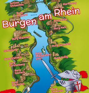 Eine Grafik vom Rhein. Dreißig verschiedene Burgen sind an seinem Ufer eingezeichnet.