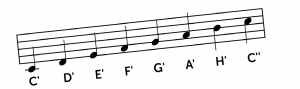Die Noten einer Tonleiter sind mit Namen gekennzeichnet.