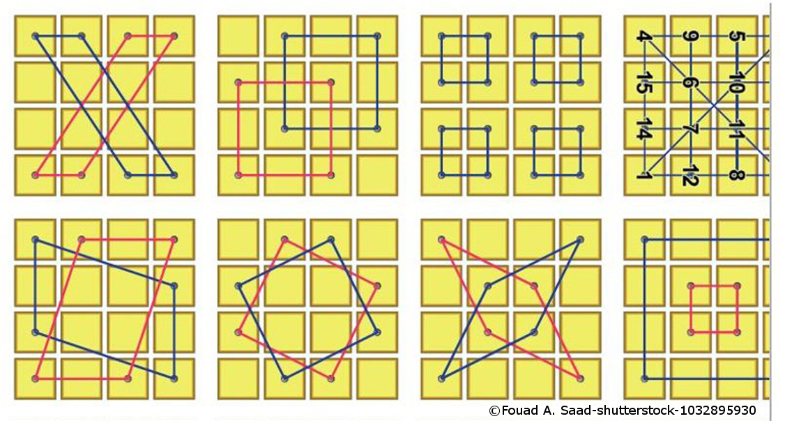 Mehrere Bilderrätsel mit gelben magischen Quadraten.