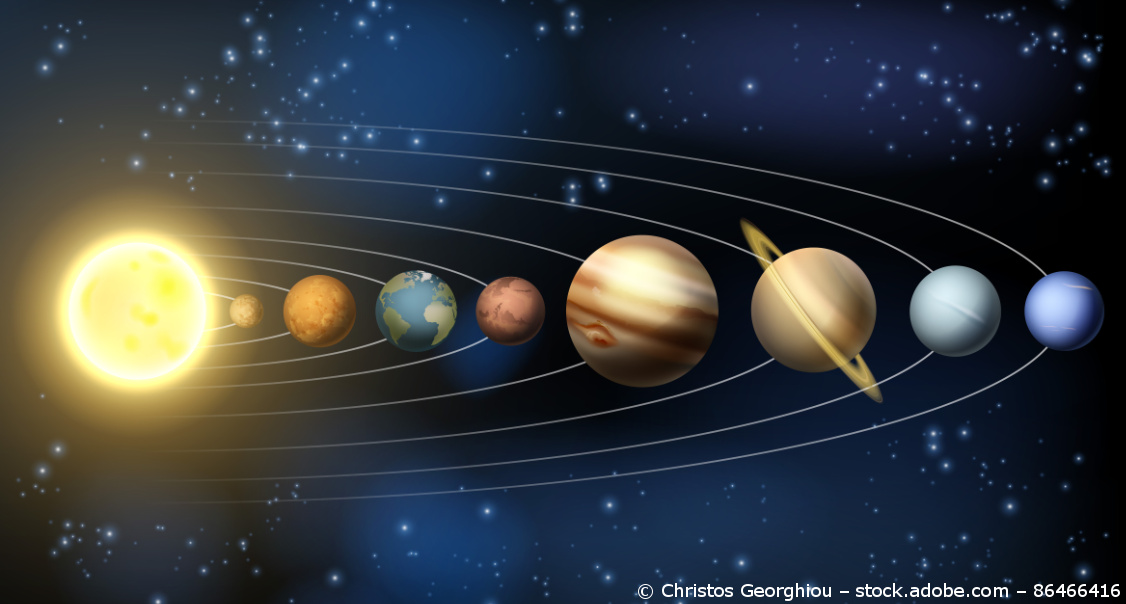 Ein Modell des Sonnensystems: Die Sonne, die Planten und ihre Umlaufbahnen sind aufgezeichnet.