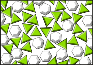 Eine Mischung von dreieckigen, grünen Wasserteilchen und sechseckigen, weißen Zuckerteilchen. Die Teilchen sind zu vollständig miteinander vermischt.